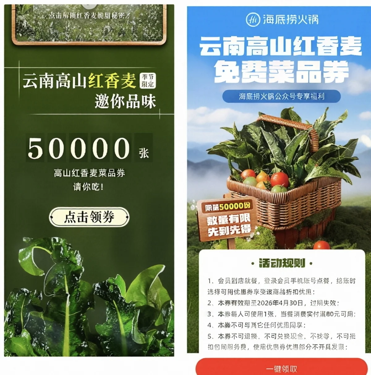 免费领海底捞高山红香麦菜品券 随单使用